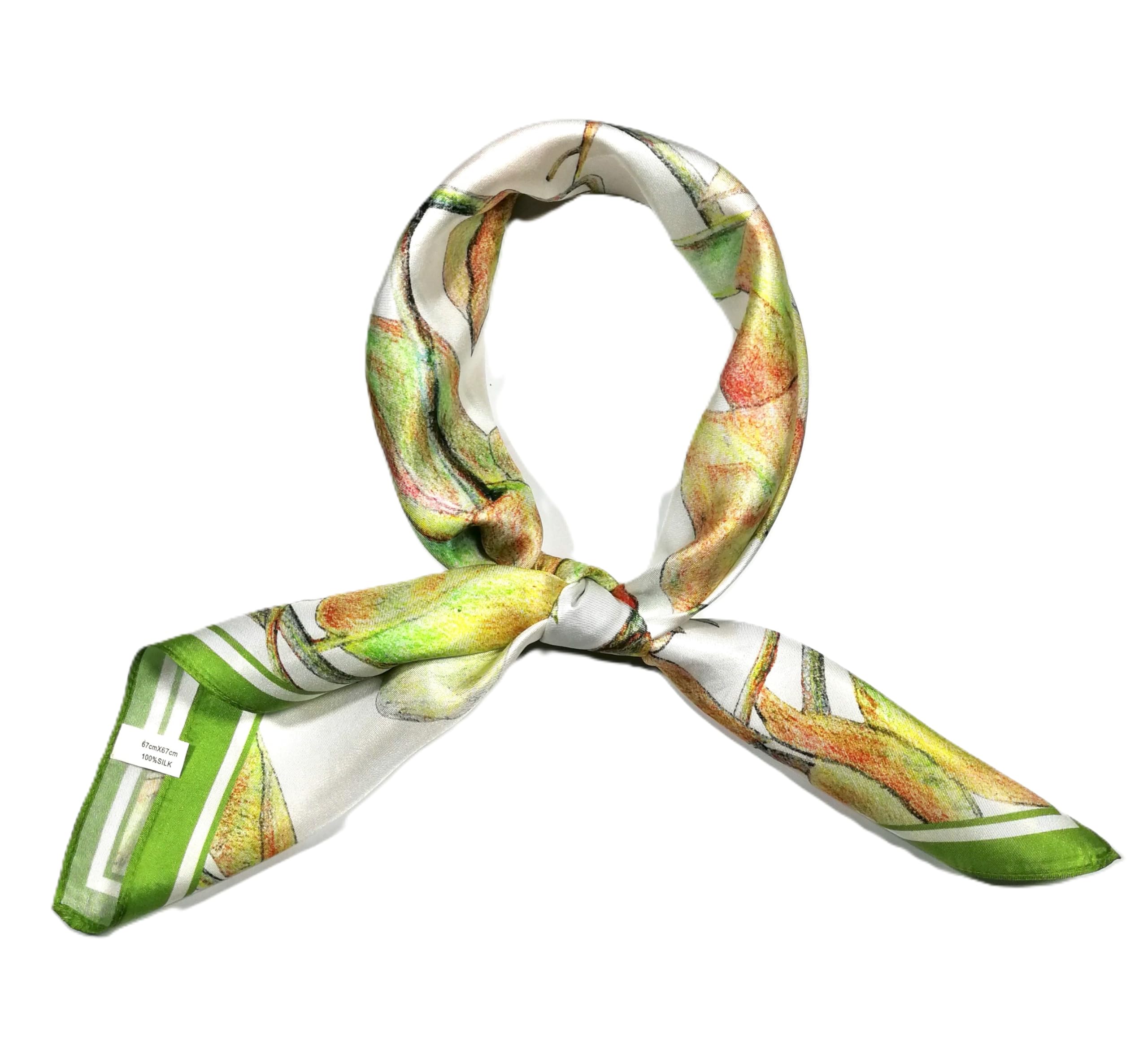 Shanlin 100% Mulberry Silk Twill Scarf Hand-Drawn Nature Print Square Silk Neckerchief Headscarf for Women (26"x26")