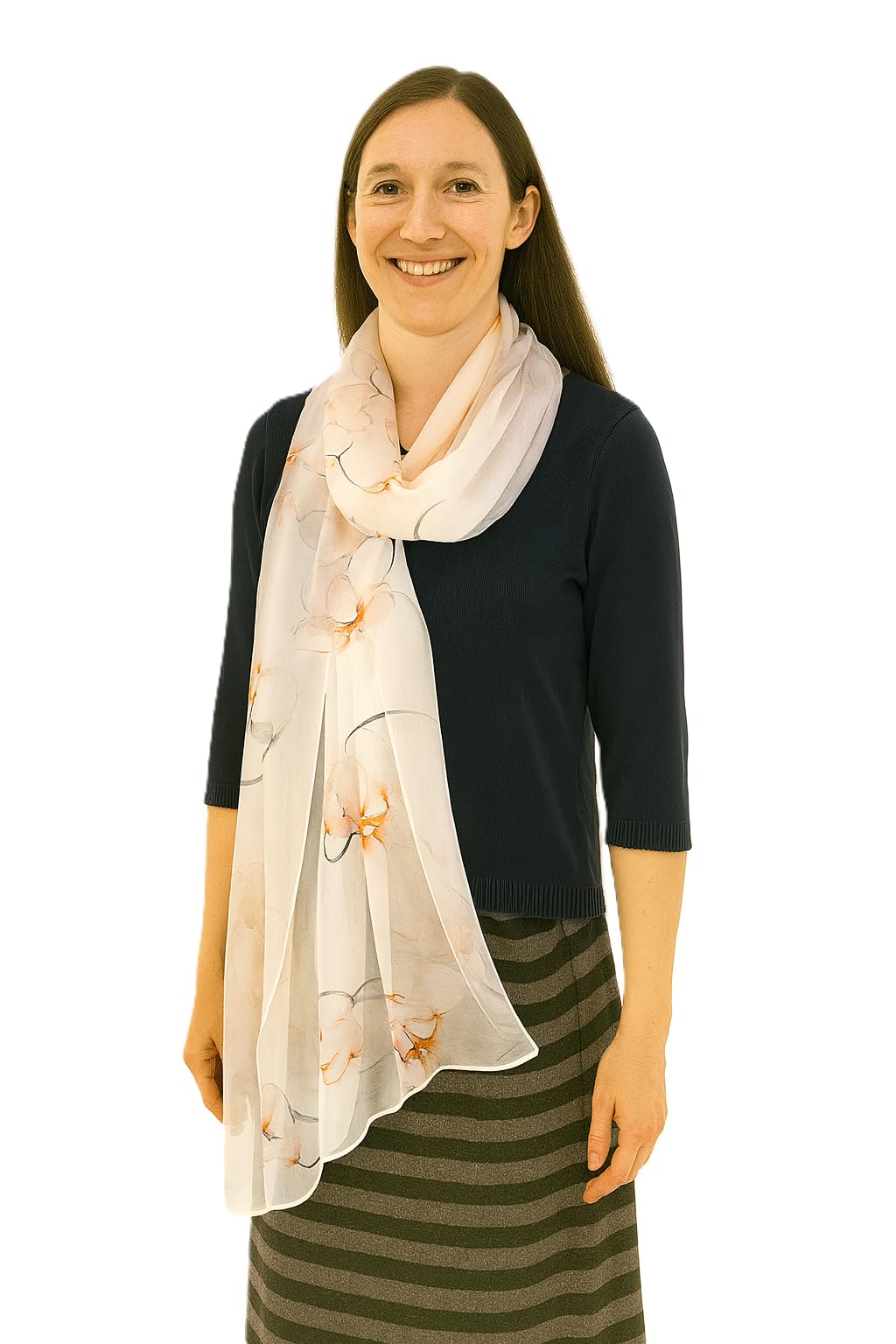Shanlin 100% Mulberry Silk Chiffon Floral Long Scarf for Travel, Office, Wedding & Daily Wear 180 x 65 cm