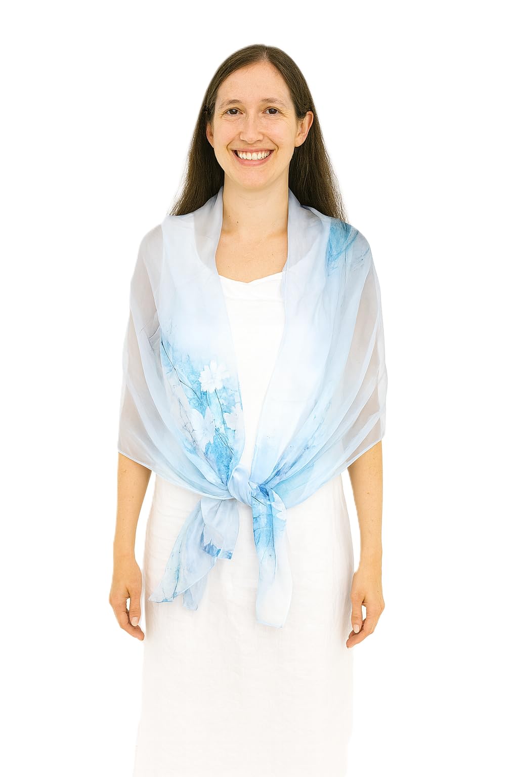 Shanlin 100% Mulberry Silk Chiffon Floral Long Scarf for Travel, Office, Wedding & Daily Wear 180 x 65 cm