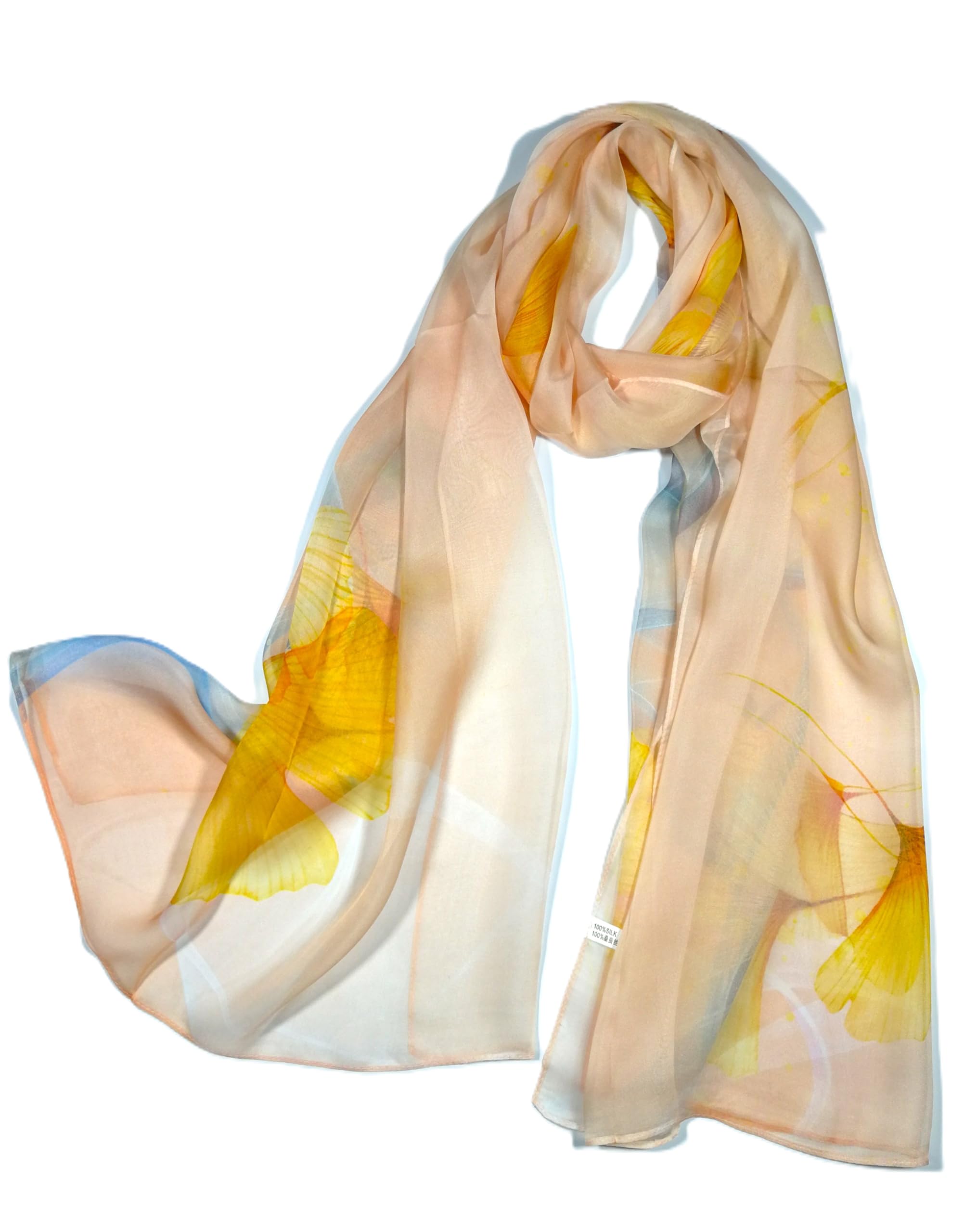 Shanlin 100% Mulberry Silk Chiffon Floral Long Scarf for Travel, Office, Wedding & Daily Wear 180 x 65 cm