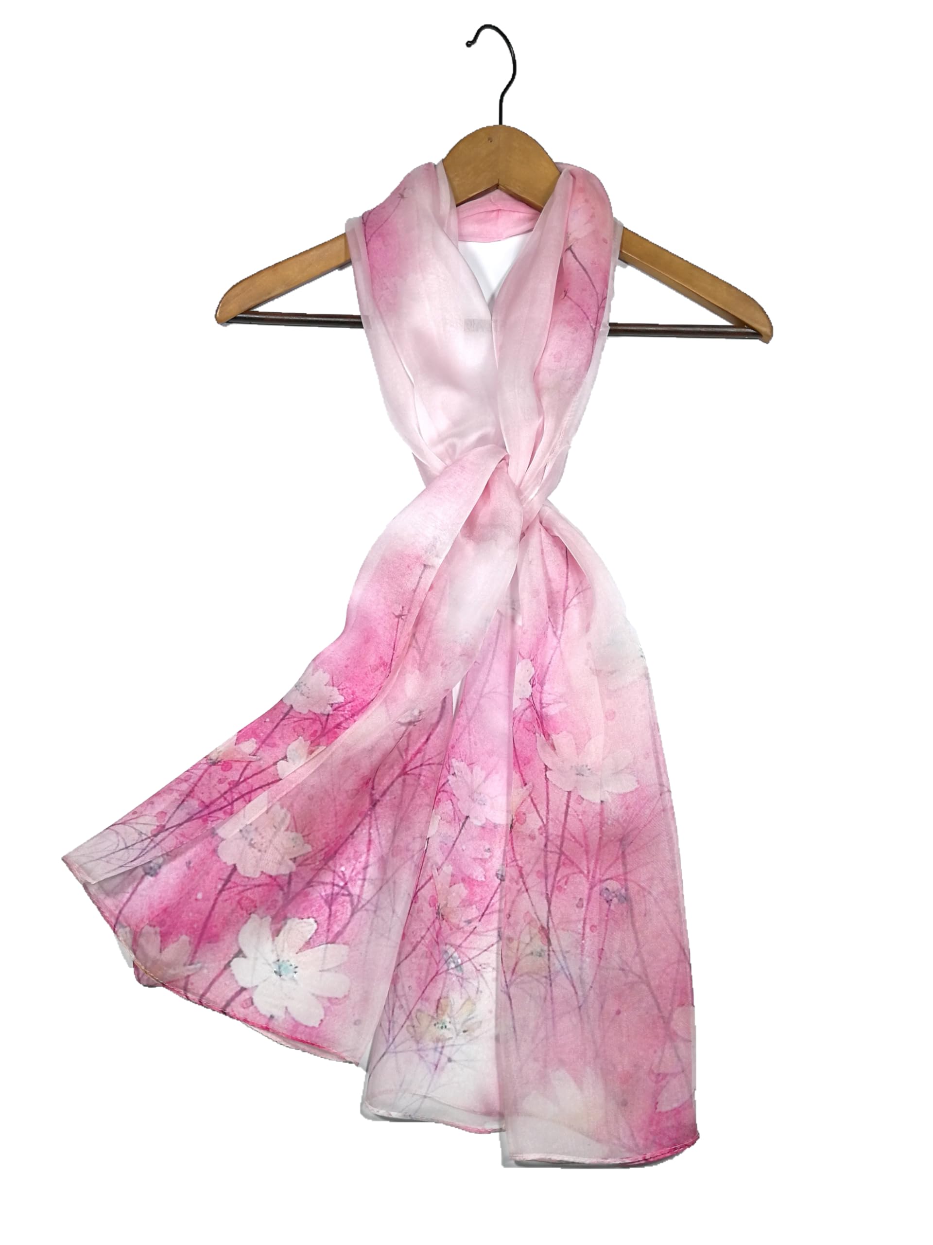 Shanlin 100% Mulberry Silk Chiffon Floral Long Scarf for Travel, Office, Wedding & Daily Wear 180 x 65 cm