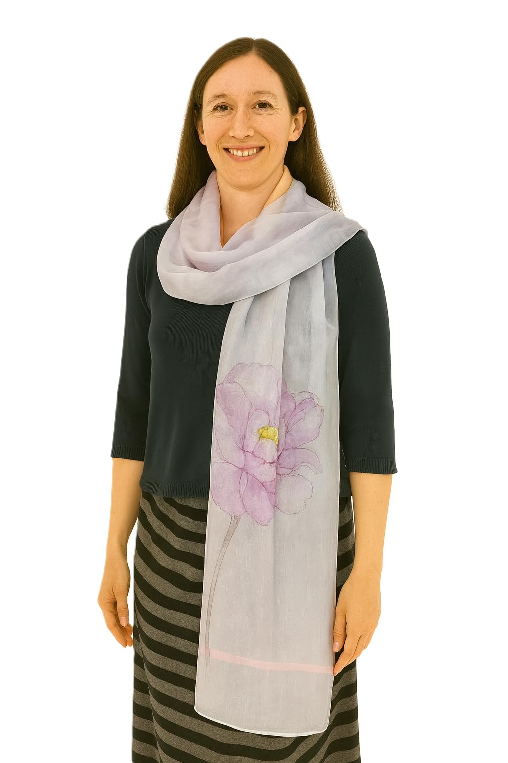 Shanlin 100% Mulberry Silk Chiffon Floral Long Scarf for Travel, Office, Wedding & Daily Wear 180 x 65 cm