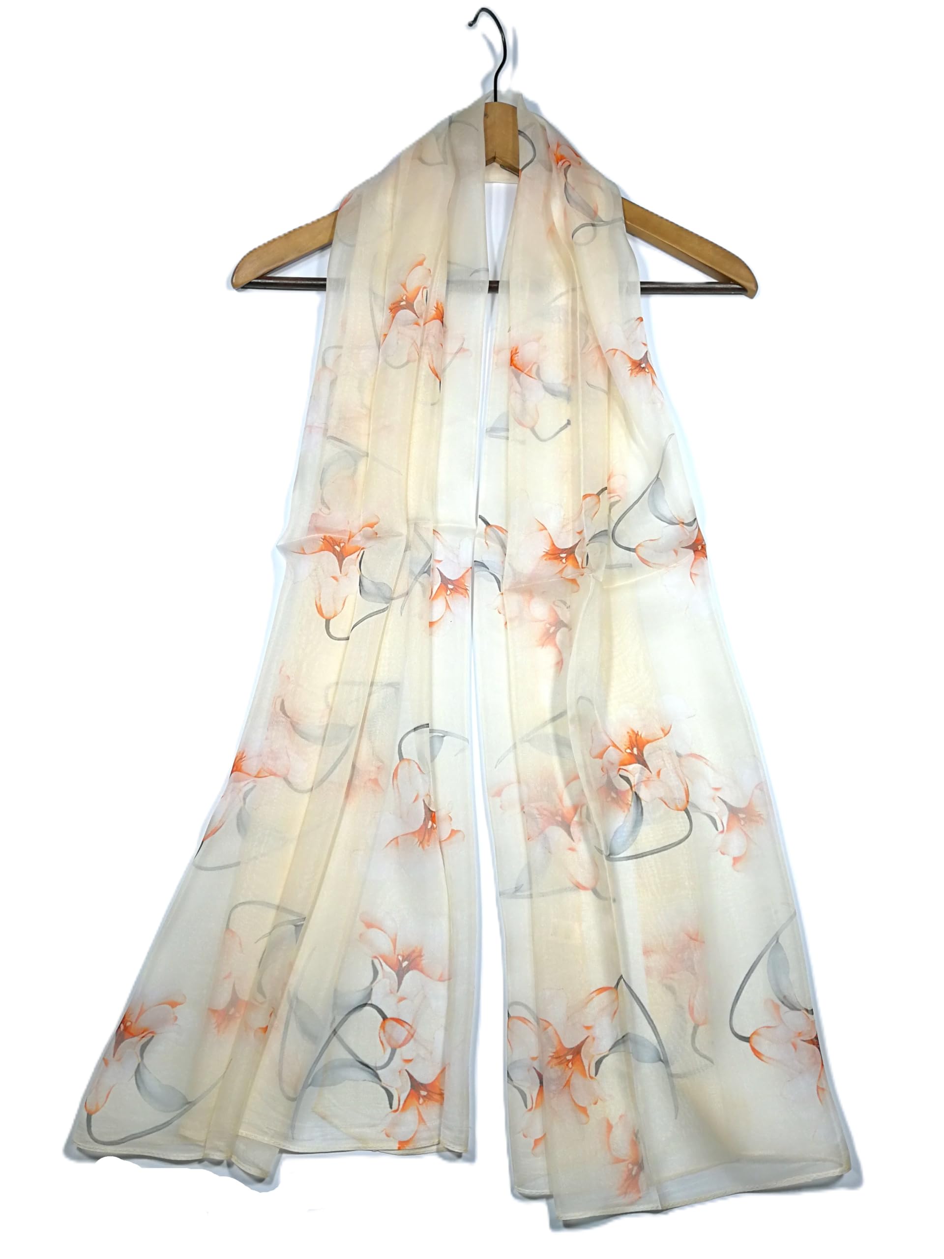 Shanlin 100% Mulberry Silk Chiffon Floral Long Scarf for Travel, Office, Wedding & Daily Wear 180 x 65 cm