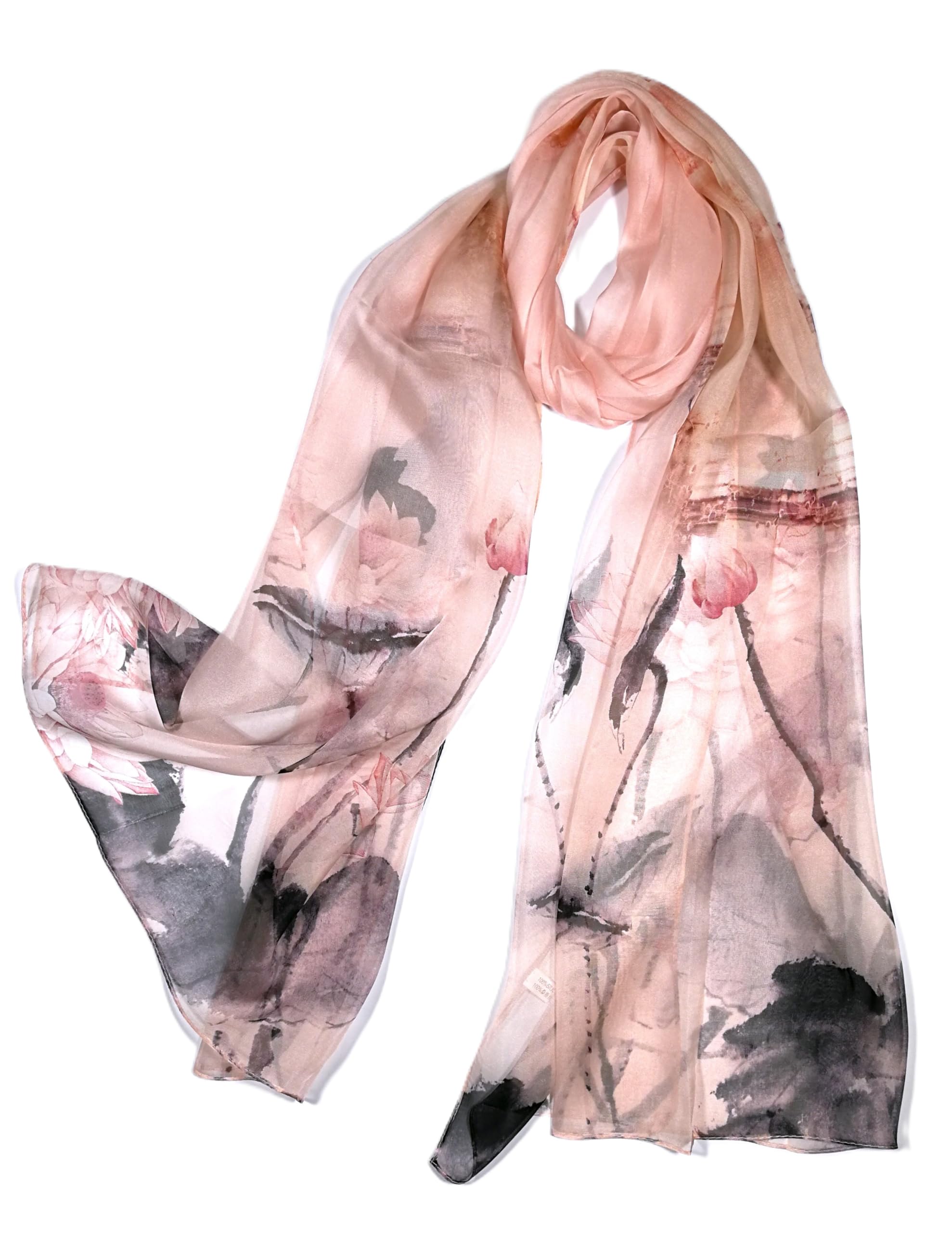 Shanlin 100% Mulberry Silk Chiffon Floral Long Scarf for Travel, Office, Wedding & Daily Wear 180 x 65 cm