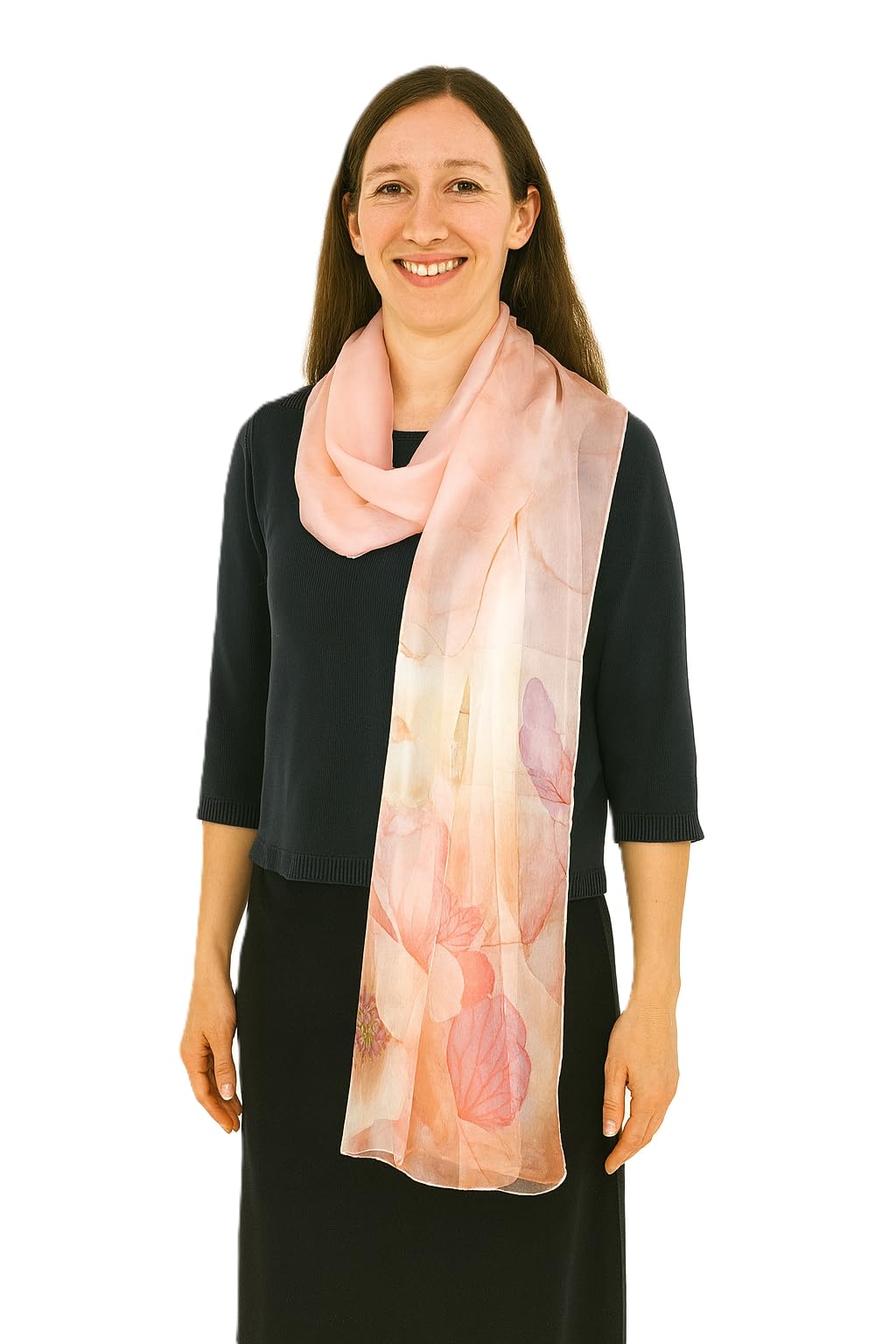Shanlin 100% Mulberry Silk Chiffon Floral Long Scarf for Travel, Office, Wedding & Daily Wear 180 x 65 cm