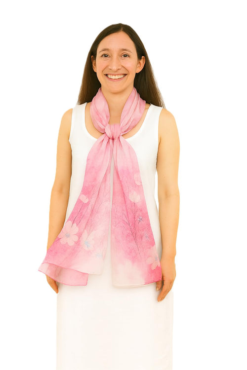 Shanlin 100% Mulberry Silk Chiffon Floral Long Scarf for Travel, Office, Wedding & Daily Wear 180 x 65 cm