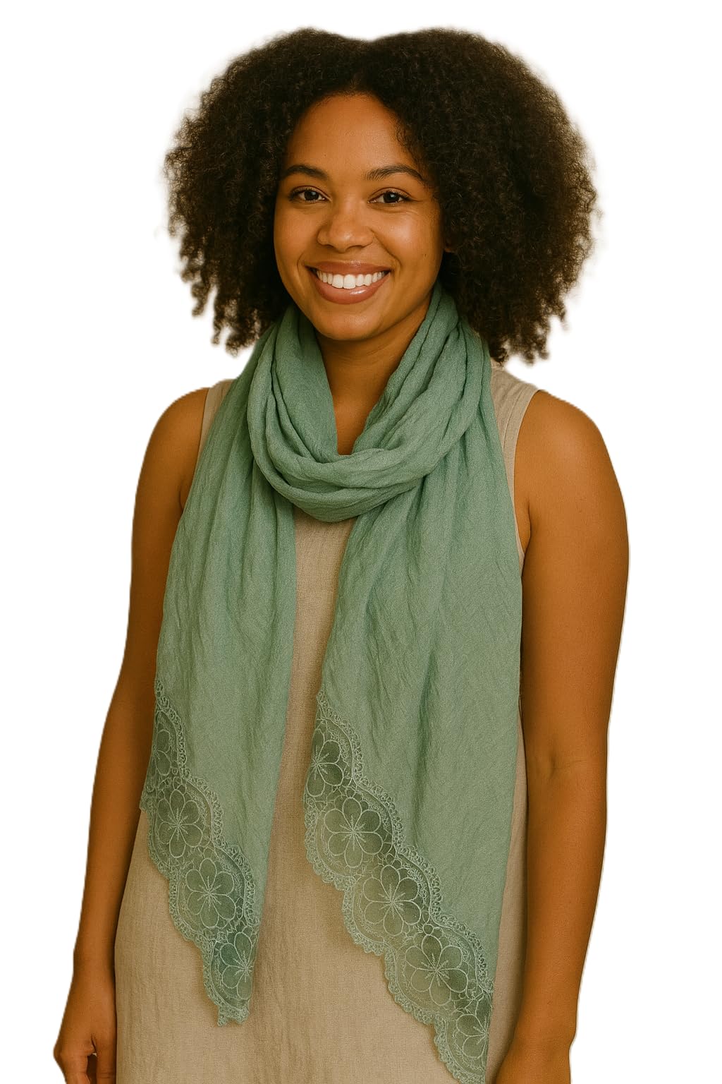 Shanlin Cotton Blend Solid Color Scarves with Elegant Lace Edge for Women