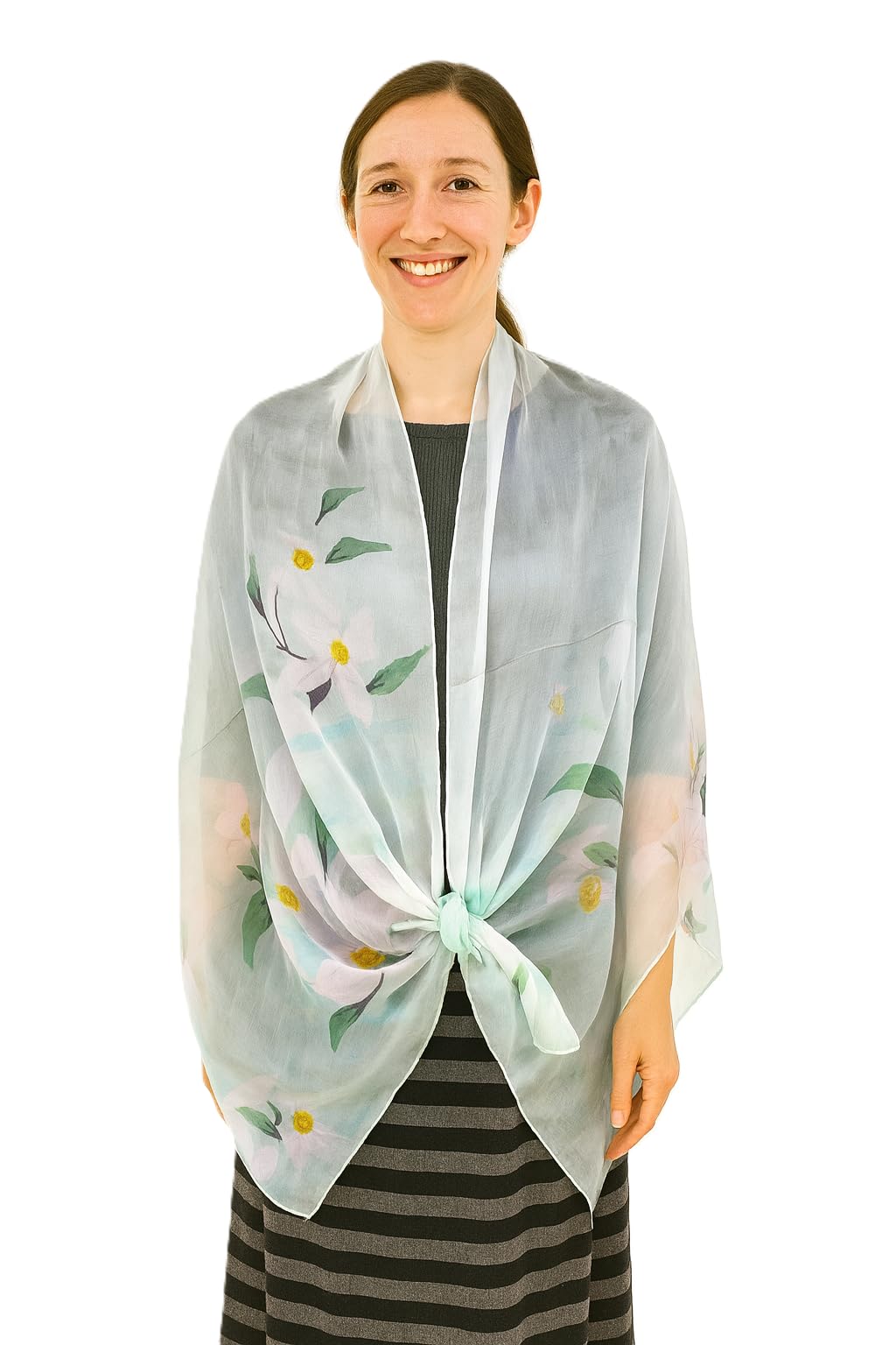 Shanlin 100% Mulberry Silk Chiffon Floral Long Scarf for Travel, Office, Wedding & Daily Wear 180 x 65 cm