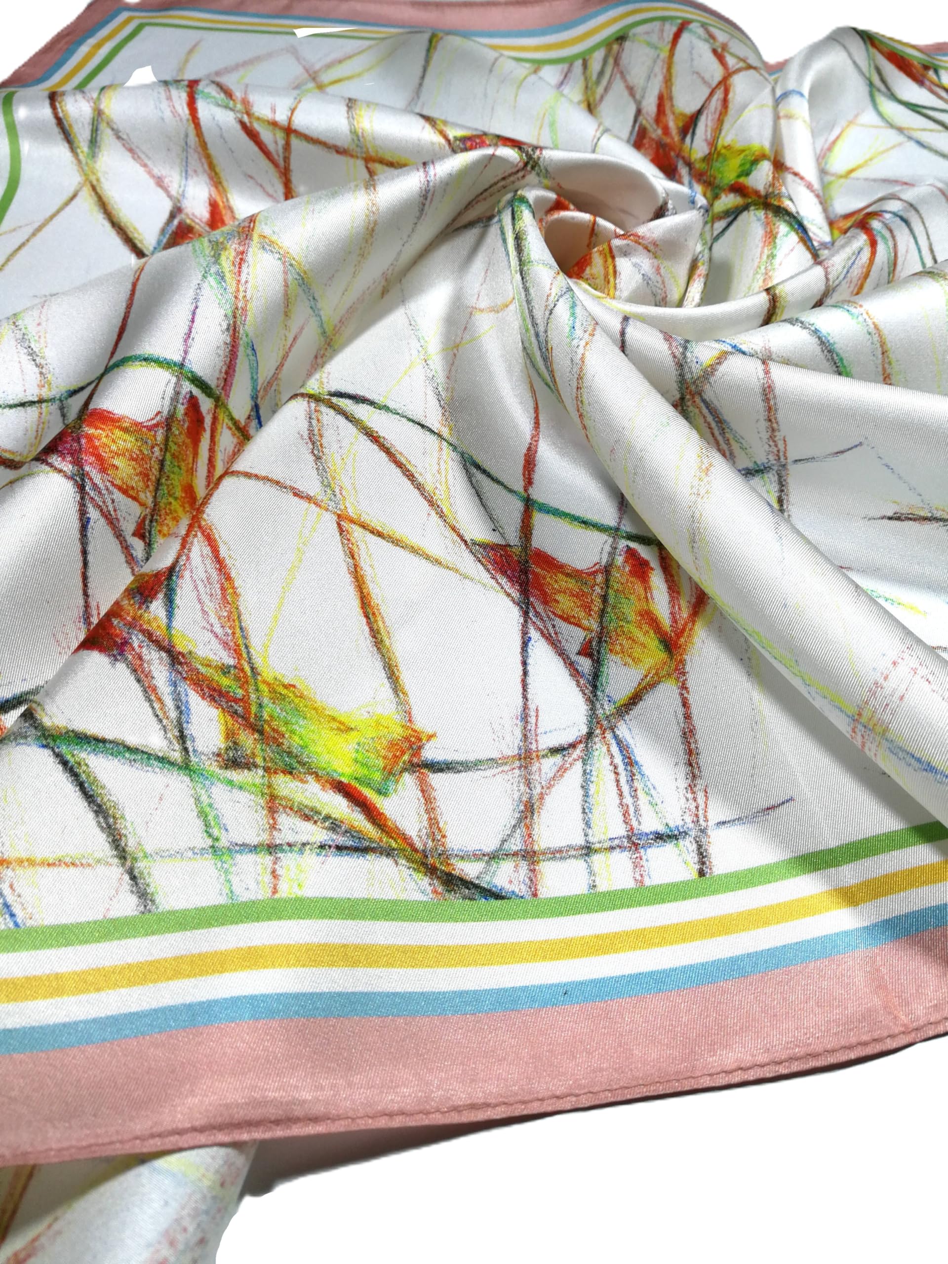 Shanlin 100% Mulberry Silk Twill Scarf Hand-Drawn Nature Print Square Silk Neckerchief Headscarf for Women (26"x26")