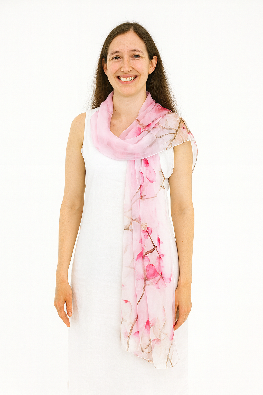 Shanlin 100% Mulberry Silk Chiffon Floral Long Scarf for Travel, Office, Wedding & Daily Wear 180 x 65 cm