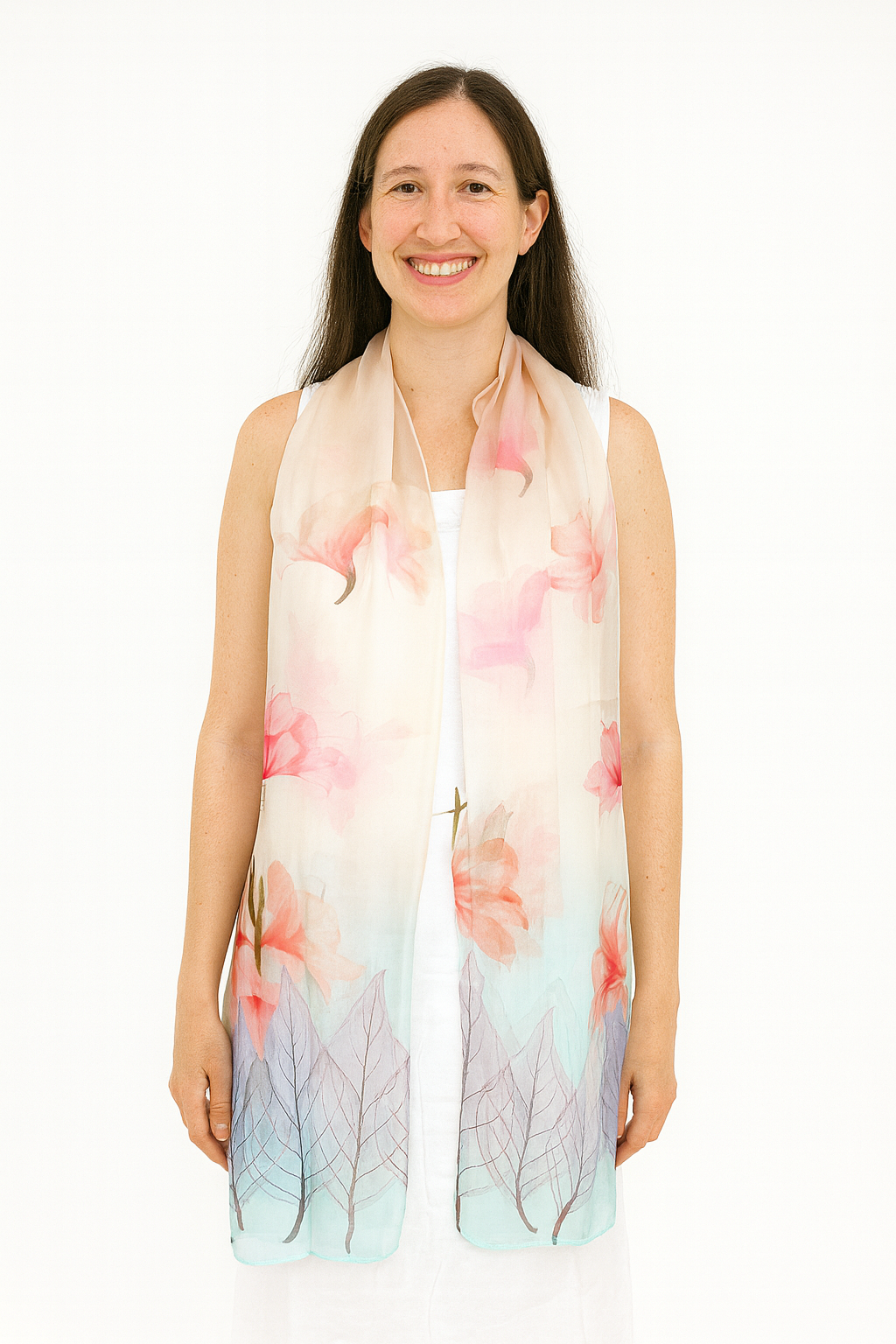Shanlin 100% Mulberry Silk Chiffon Floral Long Scarf for Travel, Office, Wedding & Daily Wear 180 x 65 cm