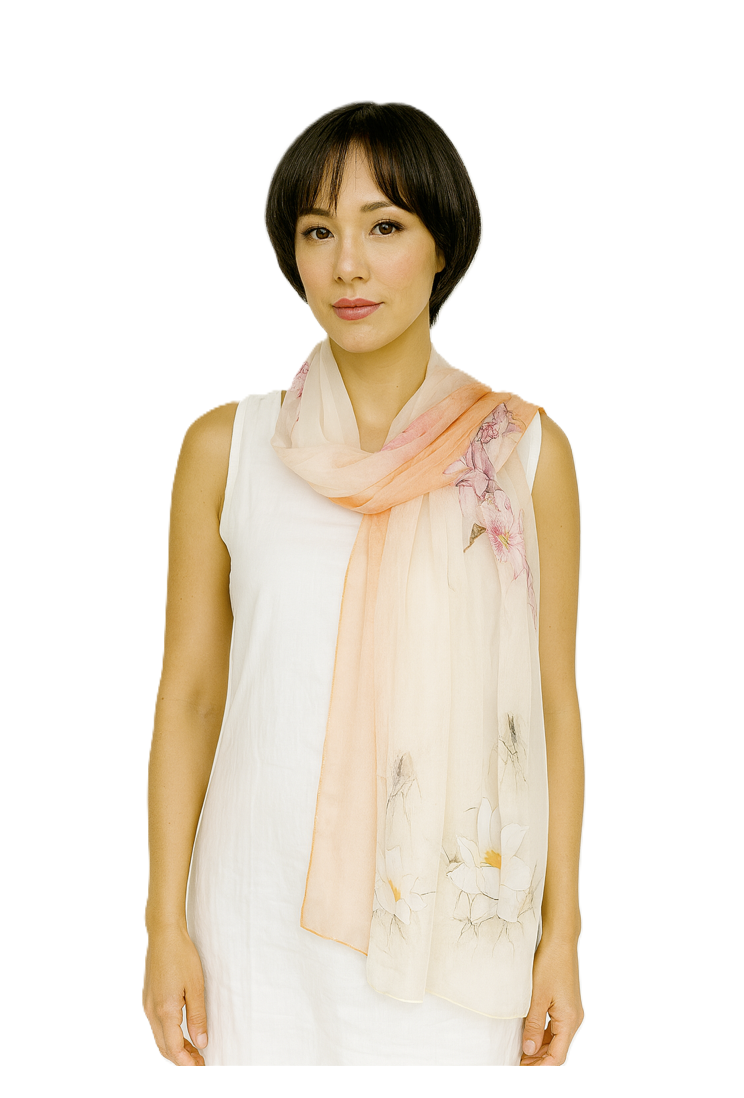 Shanlin 100% Mulberry Silk Chiffon Floral Long Scarf for Travel, Office, Wedding & Daily Wear 180 x 65 cm