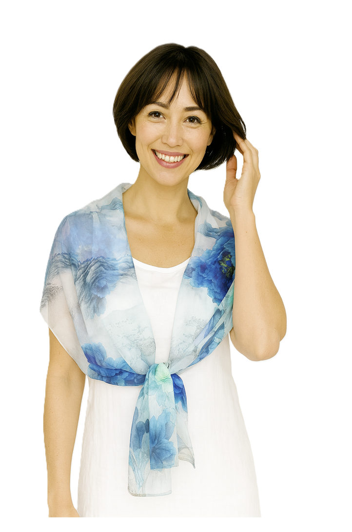 Shanlin 100% Mulberry Silk Chiffon Floral Long Scarf for Travel, Office, Wedding & Daily Wear 180 x 65 cm