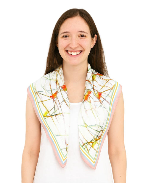 Shanlin 100% Mulberry Silk Twill Scarf Hand-Drawn Nature Print Square Silk Neckerchief Headscarf for Women (26"x26")