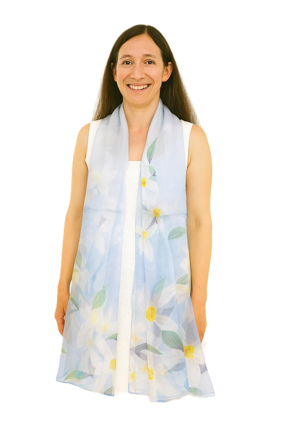 Shanlin 100% Mulberry Silk Chiffon Floral Long Scarf for Travel, Office, Wedding & Daily Wear 180 x 65 cm