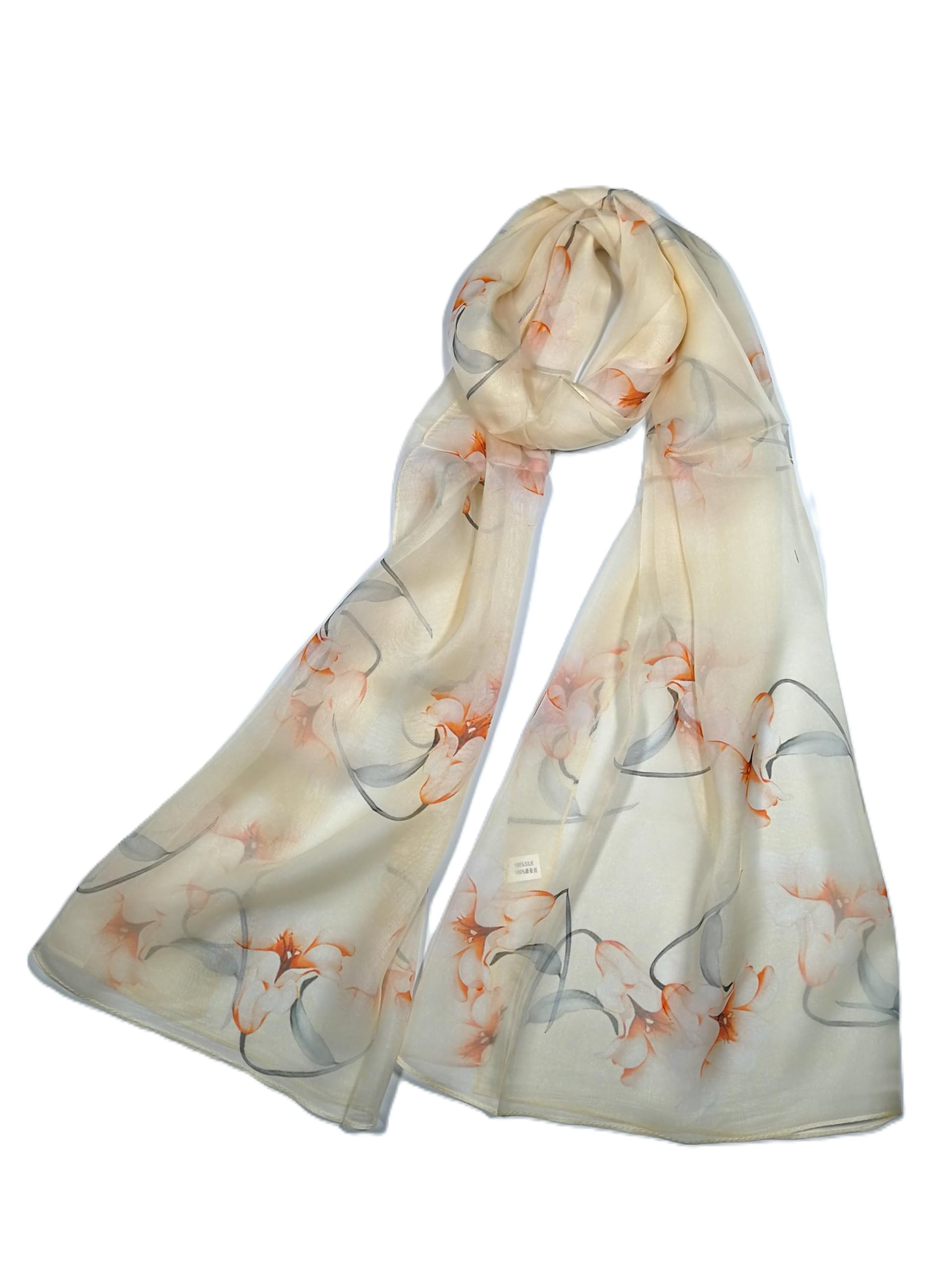Shanlin 100% Mulberry Silk Chiffon Floral Long Scarf for Travel, Office, Wedding & Daily Wear 180 x 65 cm