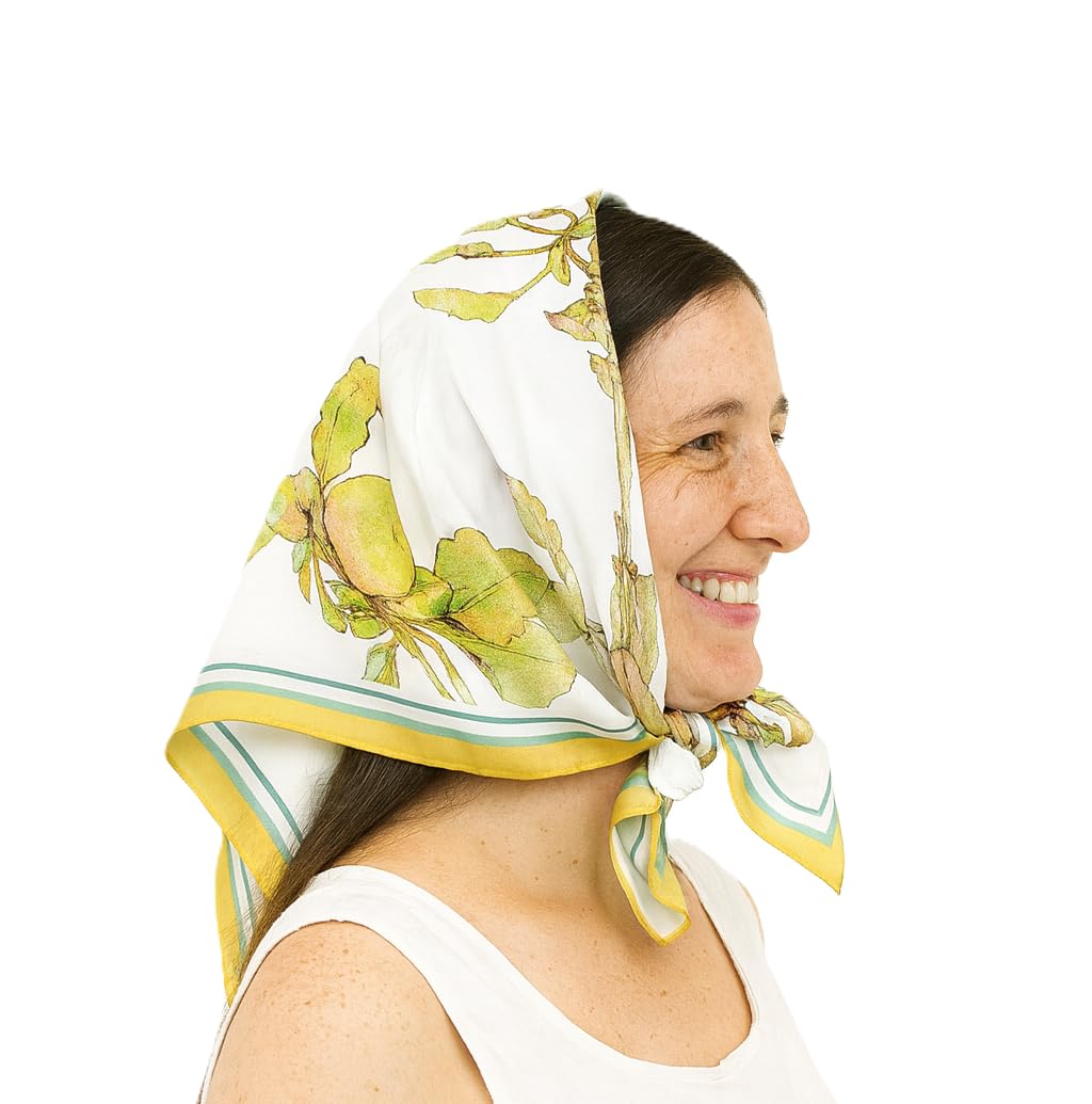 Shanlin 100% Mulberry Silk Twill Scarf Hand-Drawn Nature Print Square Silk Neckerchief Headscarf for Women (26"x26")