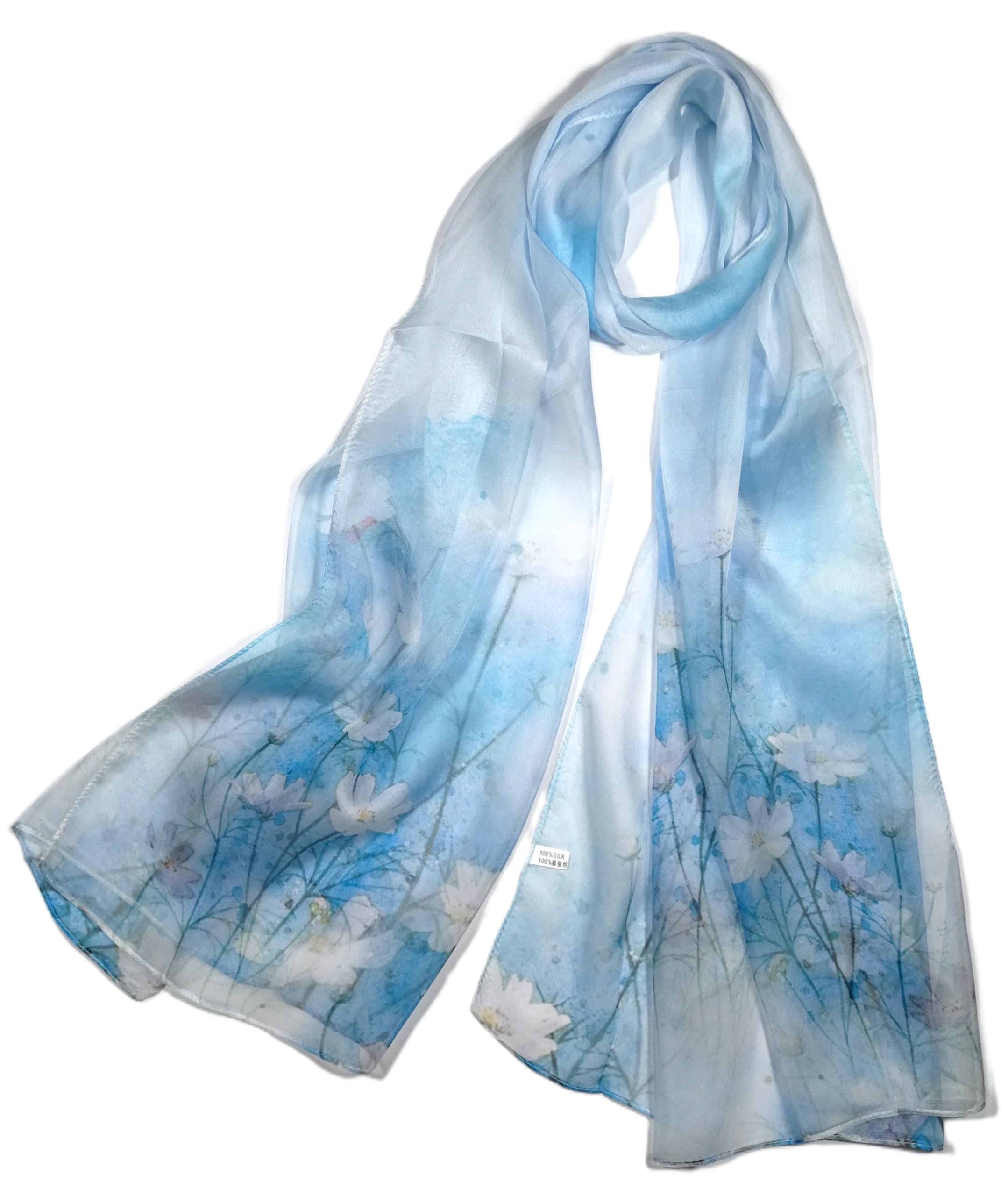 Shanlin 100% Mulberry Silk Chiffon Floral Long Scarf for Travel, Office, Wedding & Daily Wear 180 x 65 cm