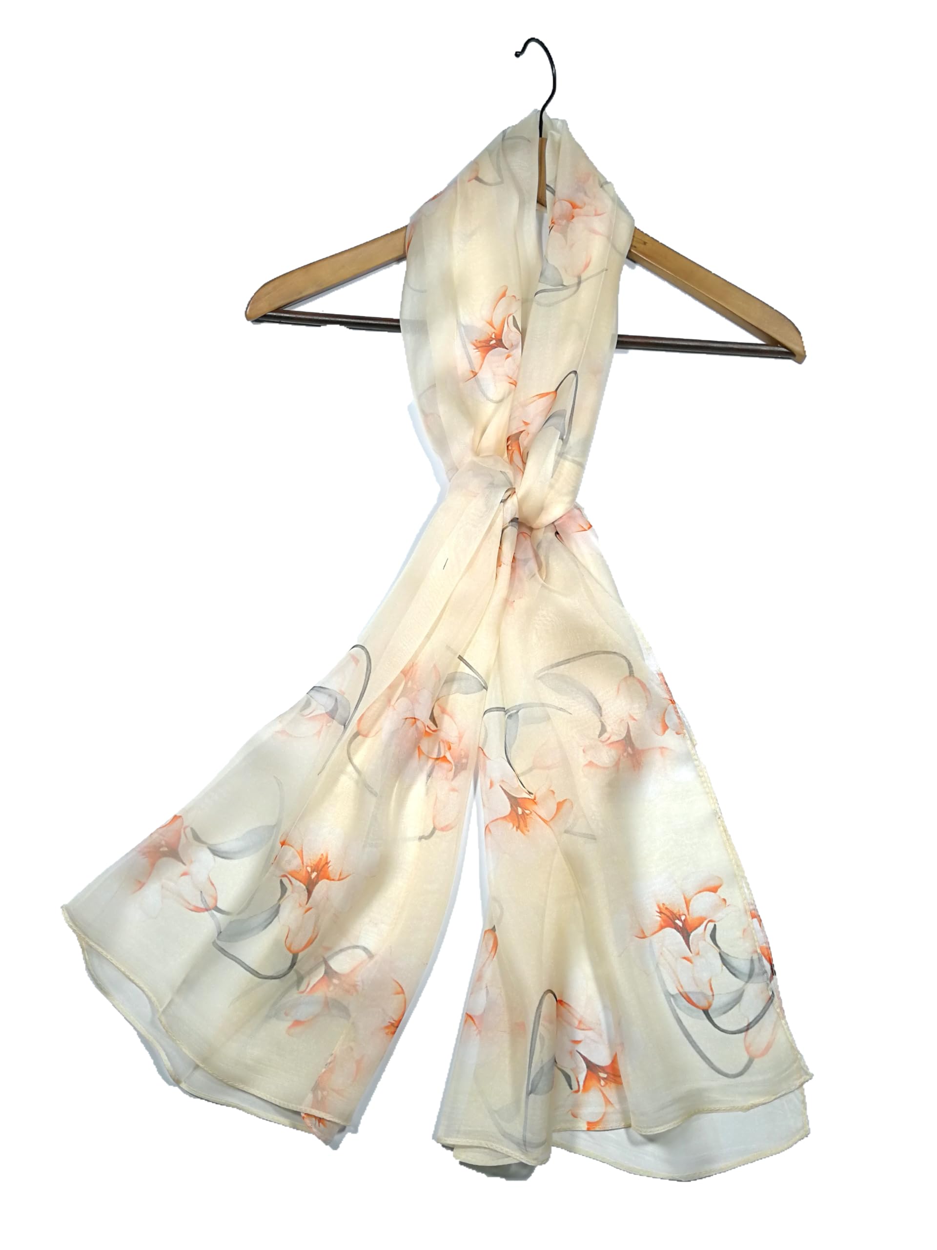Shanlin 100% Mulberry Silk Chiffon Floral Long Scarf for Travel, Office, Wedding & Daily Wear 180 x 65 cm