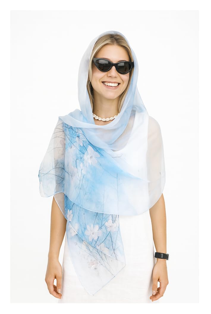 Shanlin 100% Mulberry Silk Chiffon Floral Long Scarf for Travel, Office, Wedding & Daily Wear 180 x 65 cm