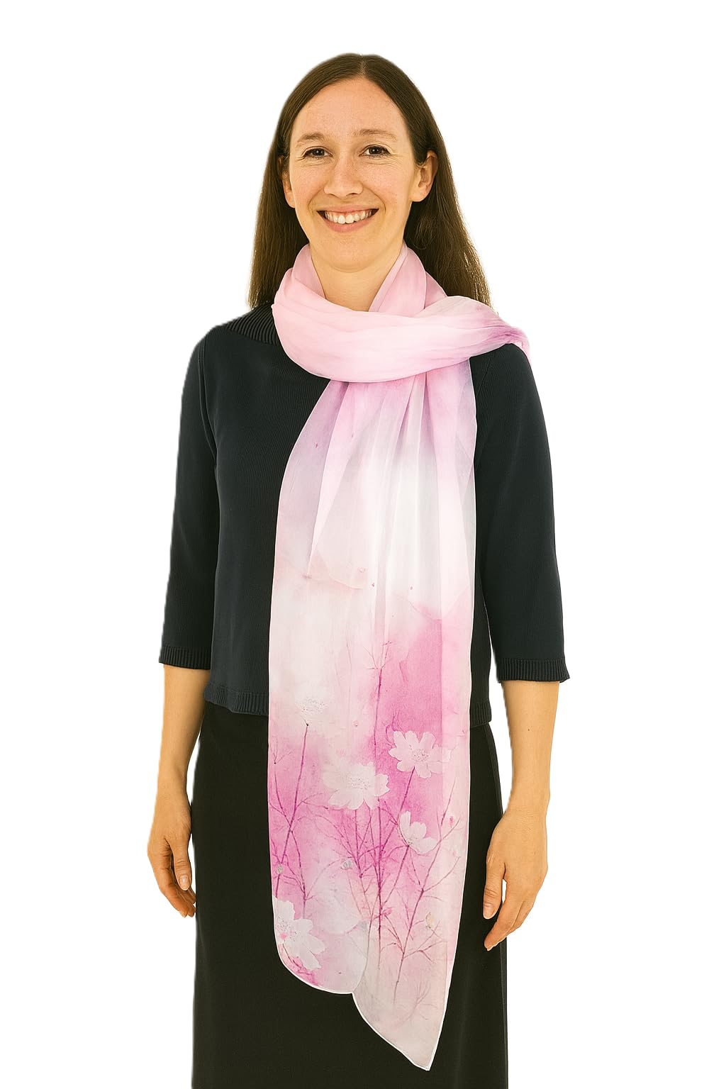 Shanlin 100% Mulberry Silk Chiffon Floral Long Scarf for Travel, Office, Wedding & Daily Wear 180 x 65 cm